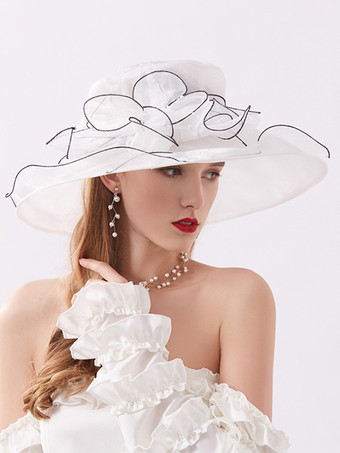 ホワイト レディース ファシネーターハット ロマンティック オーガンザ シルクフラワー ティーパーティーハット