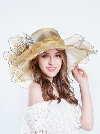 ゴールド 女性用メッシュエレガント教会帽子シルクフラワーサンハット