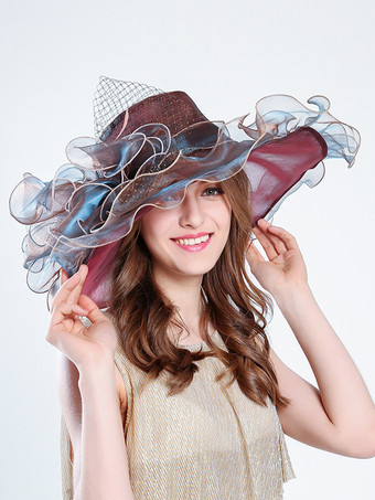 ワインレッド 女性用メッシュエレガント教会帽子シルクフラワーサンハット