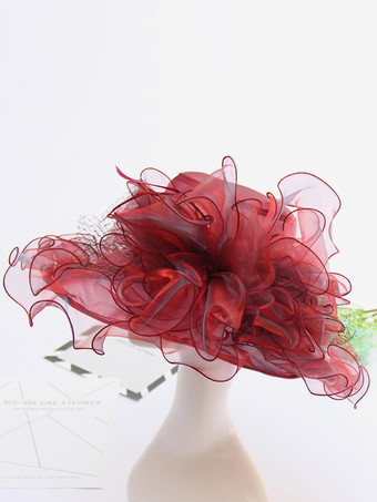 レッド 女性用メッシュエレガント教会帽子シルクフラワーサンハット