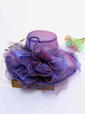 パープル 女性用メッシュエレガント教会帽子シルクフラワーサンハット