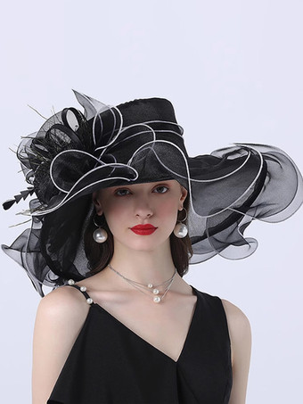 ブラック レディース オーガンザ 教会帽子 メッシュ フラワー ファシネーター ハット