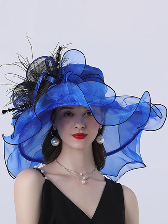 ロイヤルブルーレディース オーガンザ 教会帽子 メッシュ フラワー ファシネーター ハット