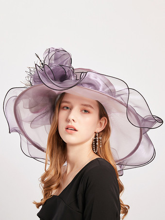 パープル レディース オーガンザ 教会帽子 メッシュ フラワー ファシネーター ハット