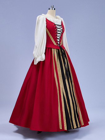 レディース ヴィンテージドレス レッド サテン 長袖 ルネッサンス コスプレ コスチューム バーガンディ