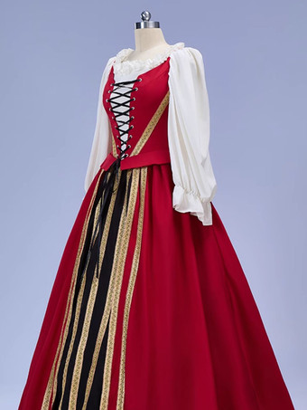 レディース ヴィンテージドレス レッド サテン 長袖 ルネッサンス コスプレ コスチューム バーガンディ