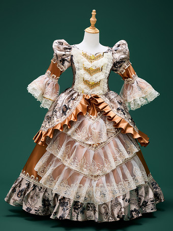 ブラウンレディース ヴィンテージドレス 17世紀 舞踏会用ガウン ブロケード ジャカード 劇場衣装