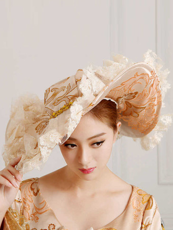 シャンパンカラー女性用レーストリム刺繍つば広ビクトリア朝風帽子 パーティー用