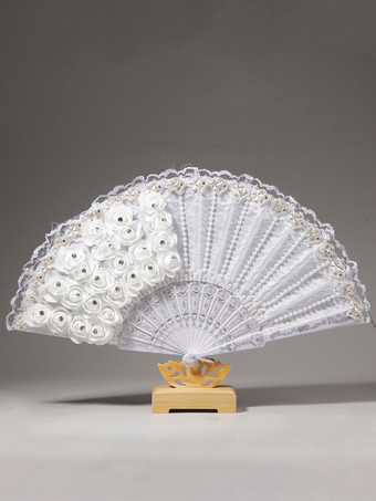 ホワイト レディース ウェディング ファン レース デコレーション 手持ち 折りたたみ 扇子