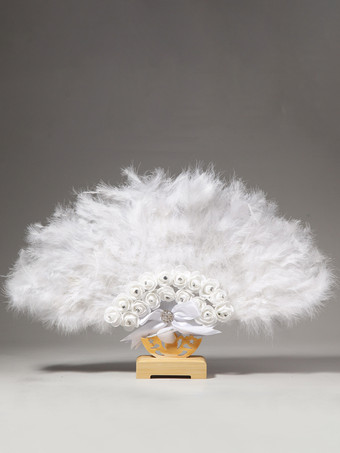 ホワイト レディース ウェディングファン 羽飾り 手持ち折りたたみ扇子