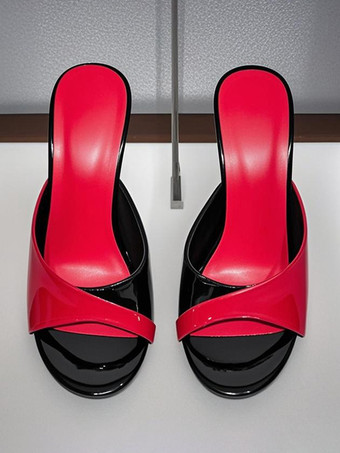 レッド＋ブラックハイヒールミュール レディース パッチワーク オープントゥ スティレットヒール バックレスサンダル