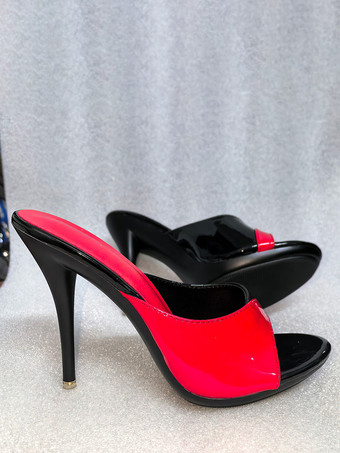 ハイヒールミュール レディース パッチワーク オープントゥ スティレットヒール バックレスサンダル