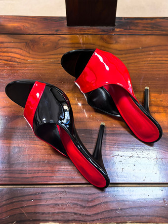 ハイヒールミュール レディース パッチワーク オープントゥ スティレットヒール バックレスサンダル