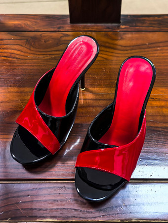 ハイヒールミュール レディース パッチワーク オープントゥ スティレットヒール バックレスサンダル