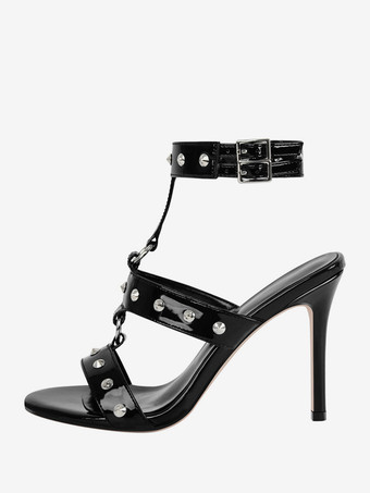 ブラック ハイヒール サンダル オープントゥ ビーズ スターピー サンダル シューズ