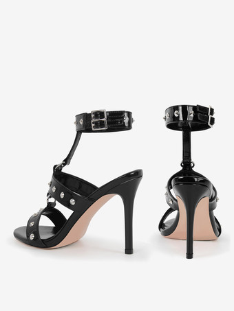 ブラック ハイヒール サンダル オープントゥ ビーズ スターピー サンダル シューズ