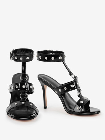 ブラック ハイヒール サンダル オープントゥ ビーズ スターピー サンダル シューズ