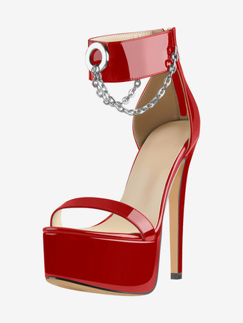 レッドセクシーなハイヒールサンダル プラットフォーム オープントゥ チェーンディテール アンクルストラップサンダル