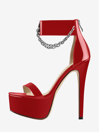 セクシーなハイヒールサンダル プラットフォーム オープントゥ チェーンディテール アンクルストラップサンダル