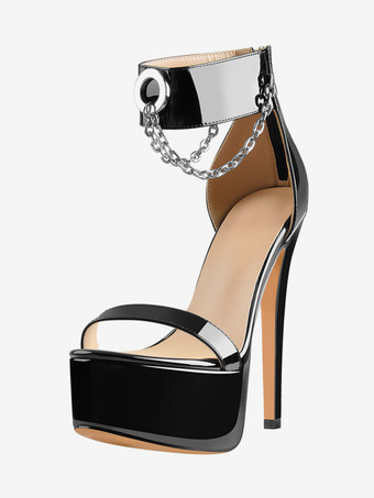 ブラック セクシーなハイヒールサンダル プラットフォーム オープントゥ チェーンディテール アンクルストラップサンダル
