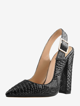 ブラック 黒のハイヒール、チャンキーヒール、スネーク柄、ポインテッドトゥ、スリングバックパンプス