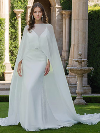 ホワイト ウェディングラップ アイボリー ノースリーブ スクープネック キャップスリーブ ショール シフォン ブライダル カバーアップ