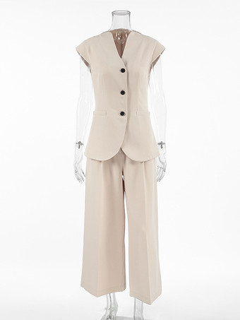 モダンなツーピースコーデセット Vネックベストとワイドレッグパンツ 夏コーデ レディース 2025