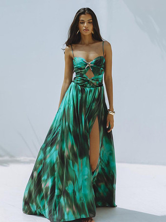 グリーン 2025年夏向けグリーンプリントカットアウトワンピース水着とロングスカートセット