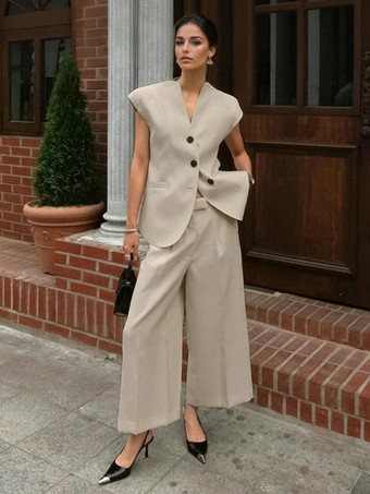 カーキ モダンなツーピースコーデセット Vネックベストとワイドレッグパンツ 夏コーデ レディース 2025