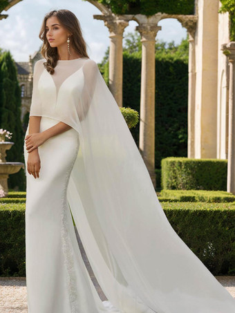 Hochzeitsüberwürfe Elfenbein Ärmellos Rundhalsausschnitt Flügelärmel Tücher Chiffon Brautüberzüge