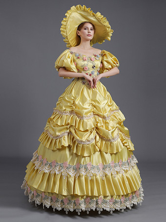 イエロー ヴィンテージ ドレス レース ポリエステル レース 帽子 レディース ビクトリア朝 18 世紀 コスチューム