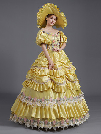 イエロー ヴィンテージ ドレス レース ポリエステル レース 帽子 レディース ビクトリア朝 18 世紀 コスチューム