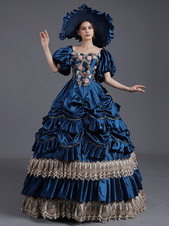 ディープブルーイエロー ヴィンテージ ドレス レース ポリエステル レース 帽子 レディース ビクトリア朝 18 世紀 コスチューム