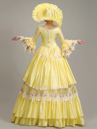イエロー ヴィンテージ ドレス レディース レース 刺繍 ポリエステル セット ビクトリアン ドレス