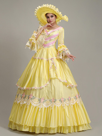 イエロー ヴィンテージ ドレス レディース レース 刺繍 ポリエステル セット ビクトリアン ドレス