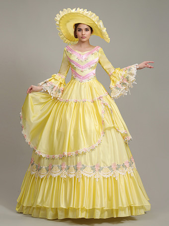 イエロー ヴィンテージ ドレス レディース レース 刺繍 ポリエステル セット ビクトリアン ドレス