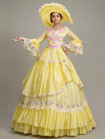 イエロー ヴィンテージ ドレス レディース レース 刺繍 ポリエステル セット ビクトリアン ドレス