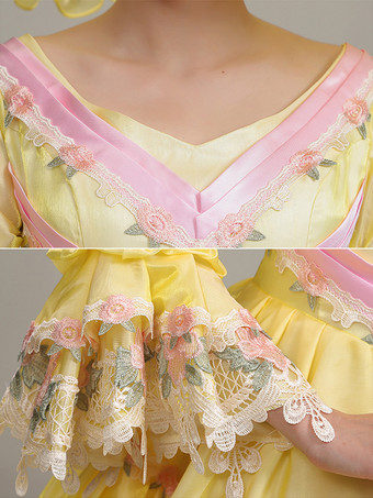 イエロー ヴィンテージ ドレス レディース レース 刺繍 ポリエステル セット ビクトリアン ドレス