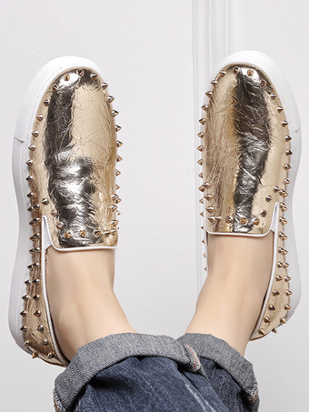 メンズ ホワイト スタッズ スリッポン スニーカー スタイリッシュなパンクロック カジュアルシューズ スパイクディテール