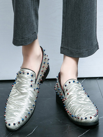 メンズ リベットローファー スリッポン ポインテッドトゥ ヴィーガンレザー スタッズ装飾 滑り止め ブロックヒール カジュアル