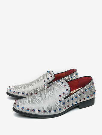 メンズ リベットローファー スリッポン ポインテッドトゥ ヴィーガンレザー スタッズ装飾 滑り止め ブロックヒール カジュアル