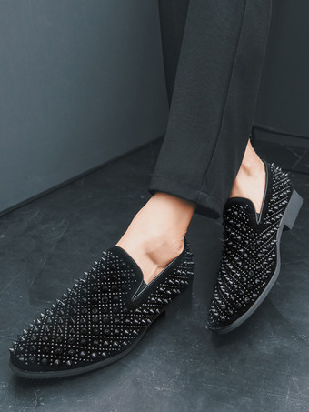メンズファッション ラインストーンレザードレスリベットローファー 快適なスリッポン クラシックポインテッドトップ タキシードドレスシューズ パーティー プロム ウェディング ペニーシューズ