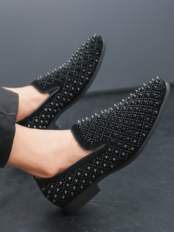 メンズファッション ラインストーンレザードレスリベットローファー 快適なスリッポン クラシックポインテッドトップ タキシードドレスシューズ パーティー プロム ウェディング ペニーシューズ