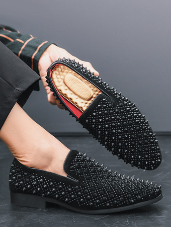 メンズファッション ラインストーンレザードレスリベットローファー 快適なスリッポン クラシックポインテッドトップ タキシードドレスシューズ パーティー プロム ウェディング ペニーシューズ