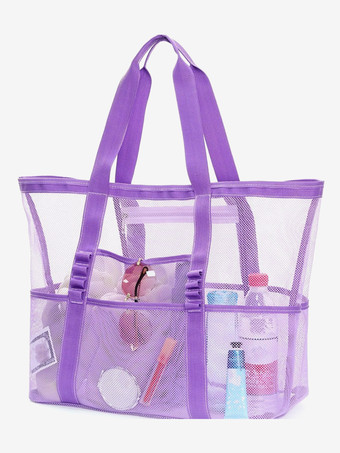 パープル 大容量メッシュビーチバッグ多機能旅行ポータブルショルダー収納バッグ2025