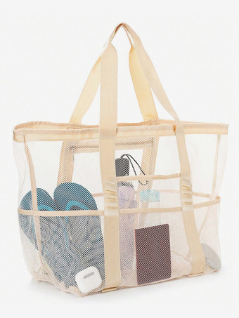 アイボリー 大容量メッシュビーチバッグ多機能旅行ポータブルショルダー収納バッグ2025