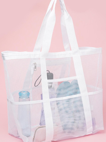 ホワイト 大容量メッシュビーチバッグ多機能旅行ポータブルショルダー収納バッグ2025