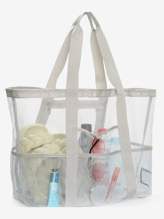 グレイ大容量メッシュビーチバッグ多機能旅行ポータブルショルダー収納バッグ2025