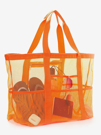 オレンジ 大容量メッシュビーチバッグ多機能旅行ポータブルショルダー収納バッグ2025