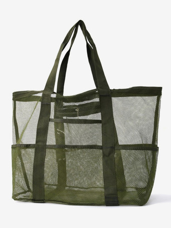 ダークグリーン大容量メッシュビーチバッグ多機能旅行ポータブルショルダー収納バッグ2025